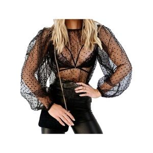 Super Sheer Mesh Ruffled Blouse Long Sleeve